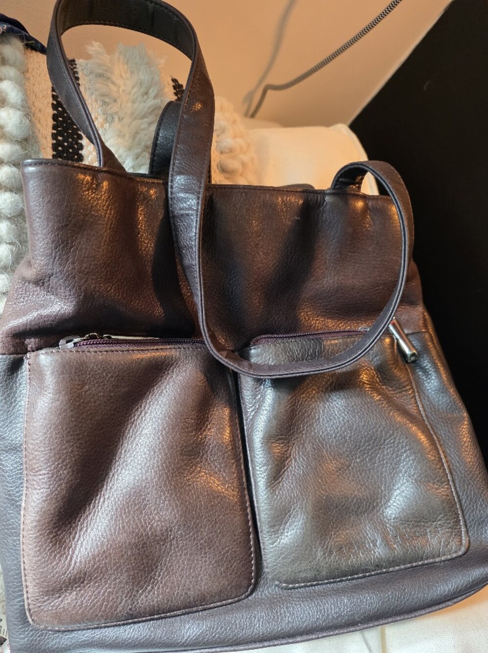 Perry Ellis Dark Brown Leather Purse Multipocket Top Handle Shopping Bag Casual - Picture 8 of 8